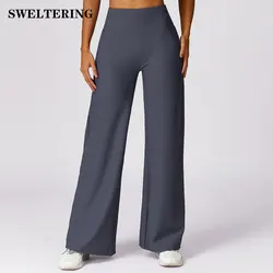 Thread-pantalones de Yoga de cintura alta para mujer, pantalones de pierna recta, pierna ancha, gimnasio, flexiones, secado rápido, ajuste suelto, pantalones deportivos acampanados