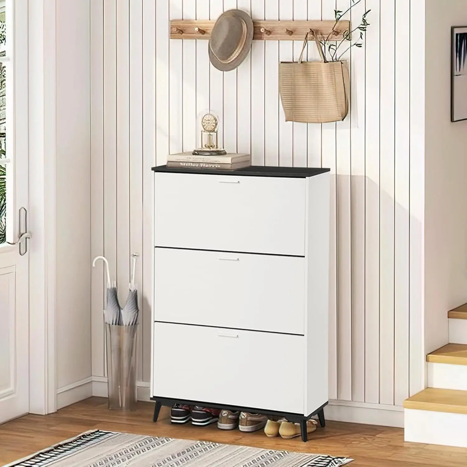 

Shoe Cabinet Storage with 3 Flip Drawers, Narrow Shoe Rack Cabinet Freestanding Shoe Organizer Anti-Dumping Shoe Organizer