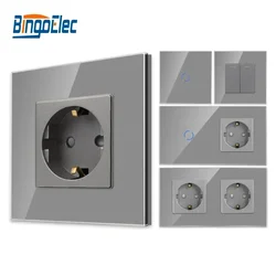 Bingoelec Grey Glass Switches Light Switch and Wall Socket with Crystal Glass Panel Home Improvement