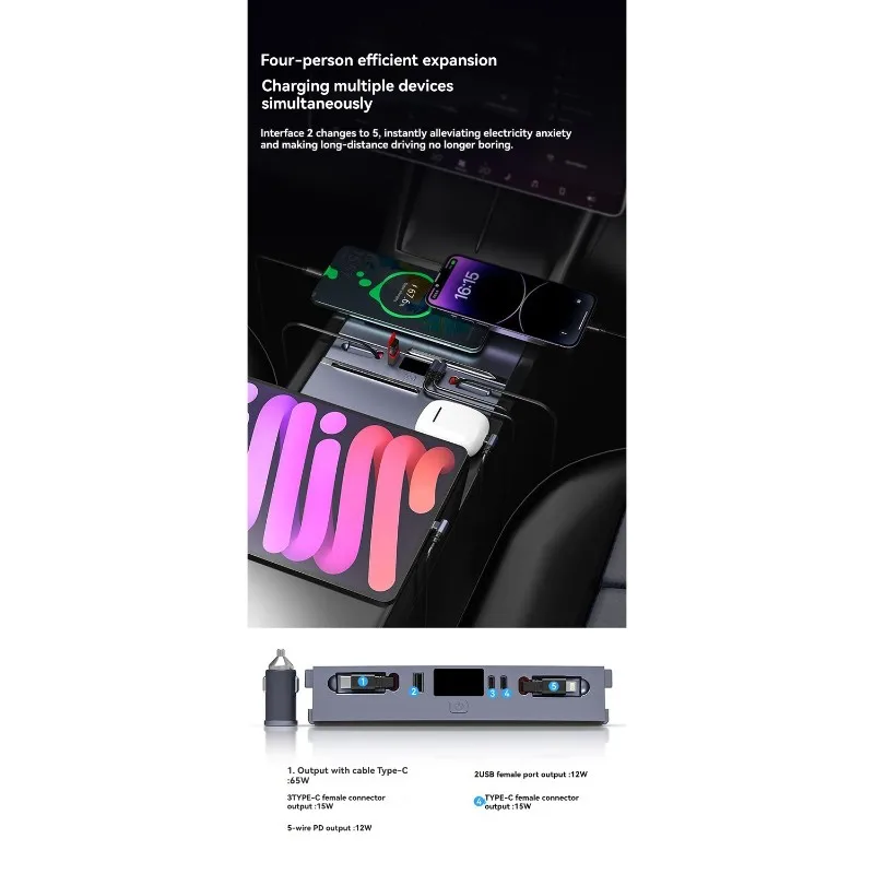 A08E-For Tesla Model 3/Y Center Console Expansion Dock 65W PD Fast Charging USB Hub Fast Charging Hub Docking Station