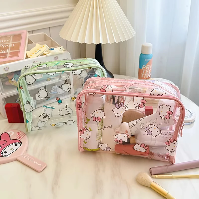 Cute Sanrio Kuromi Makeup Bag Anime Cinnamoroll Hello Kitty Waterproof Transparent High-Capacity Woman Toiletries Storage Bag