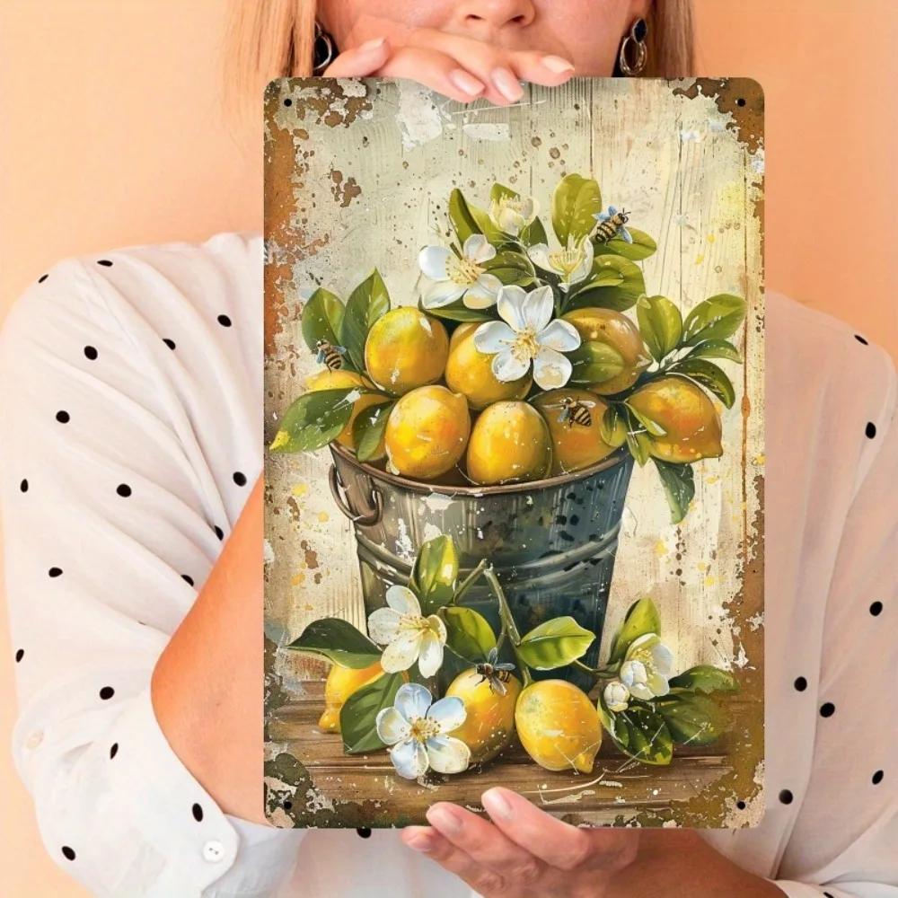 Yellow Lemon Branch Iron Tin Sign 8x12inch Rustic Style Wall Decorative Plaque, Suitable for Home Cafes