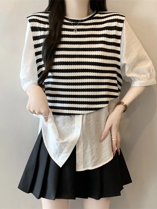 

Elegant Striped Women's Shirt Short Sleeve Shoulder Length Korean Style plus Size Faux Two-Piece Top for Commuting Summer 2026