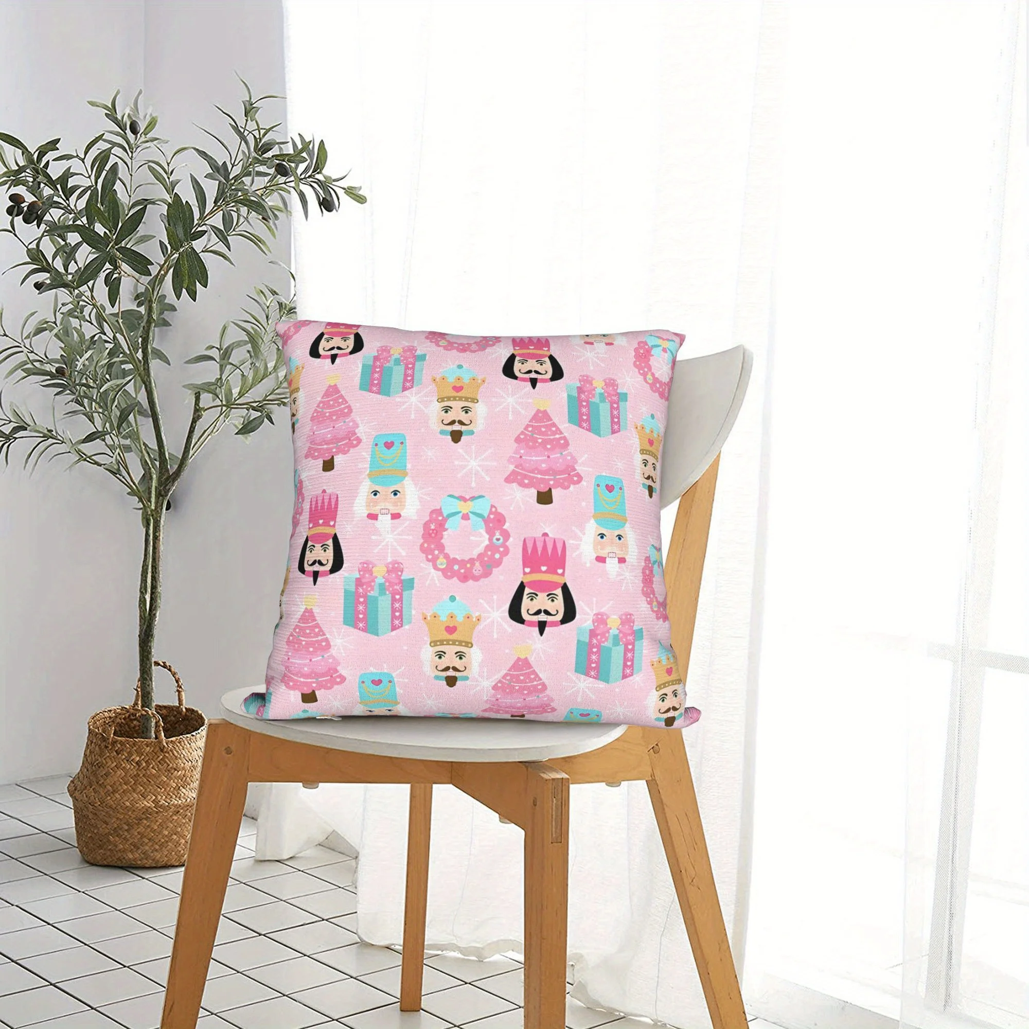 Pink Nutcracker Soldier Hug Pillowcase Christmas Decorative Throw Pillow Cover Pink with Blue White Nutcracker Design 1PC