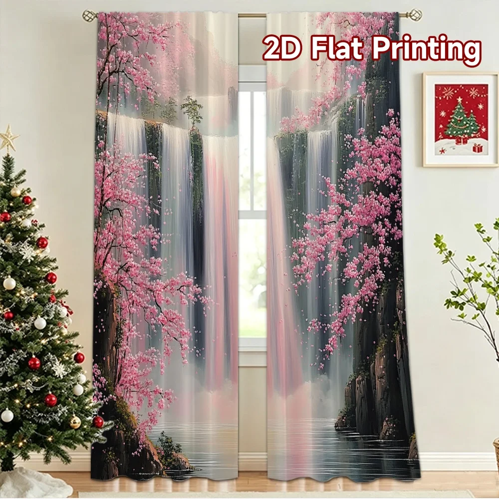 2D flat 2pcs Curtain Modern Minimalist Style Cherry Blossom Waterfall Durable polyester fiber Party & Holiday Decor Use for