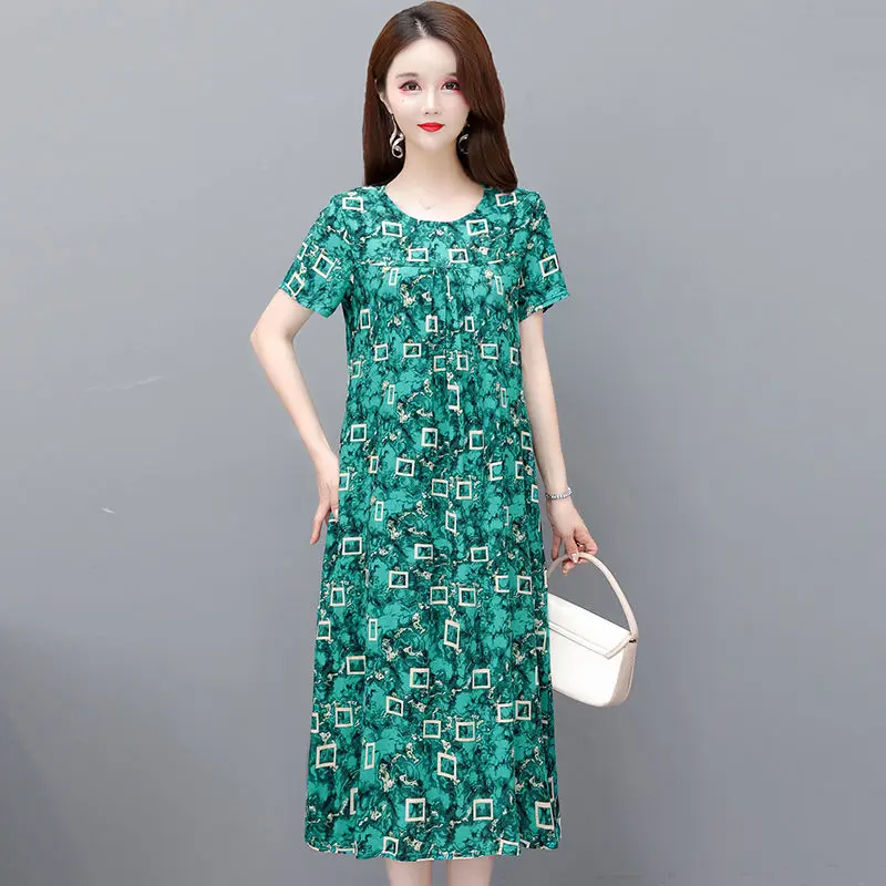 Floral Ladies Fashion Knee-length Summer Korean Pullovers O-neck Slim Midi Dress Printing Dresses Elegant Women's Clothing 2024