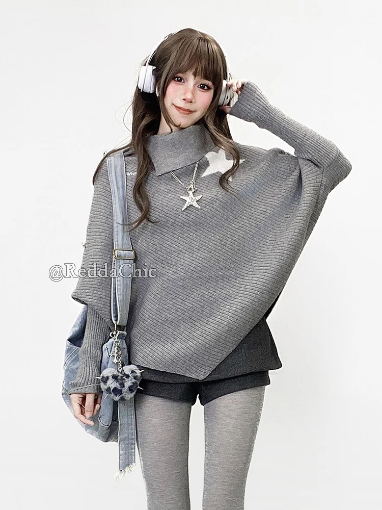 REDDACHiC Star Wrap Sweater with Tweed Skirt Shorts Women Set Asymmetrical Turtleneck Batwing Knit Shawl Grunge Acubi Fashion