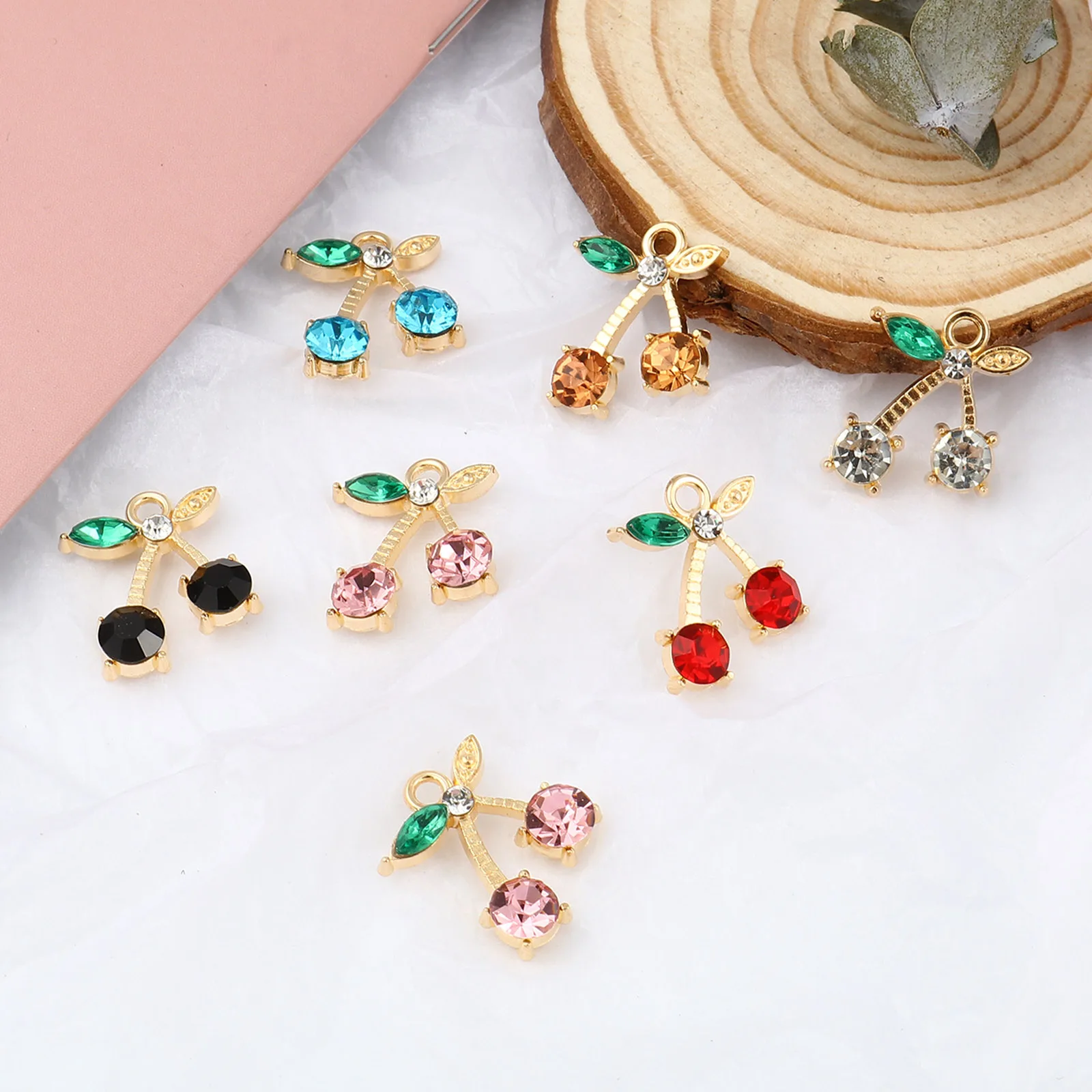 10PCs Fruit Cherry Charms Pendants Gold Color Colored Rhinestones Pendant Cherry Shaped Necklace Pendants for DIY Women Jewelry