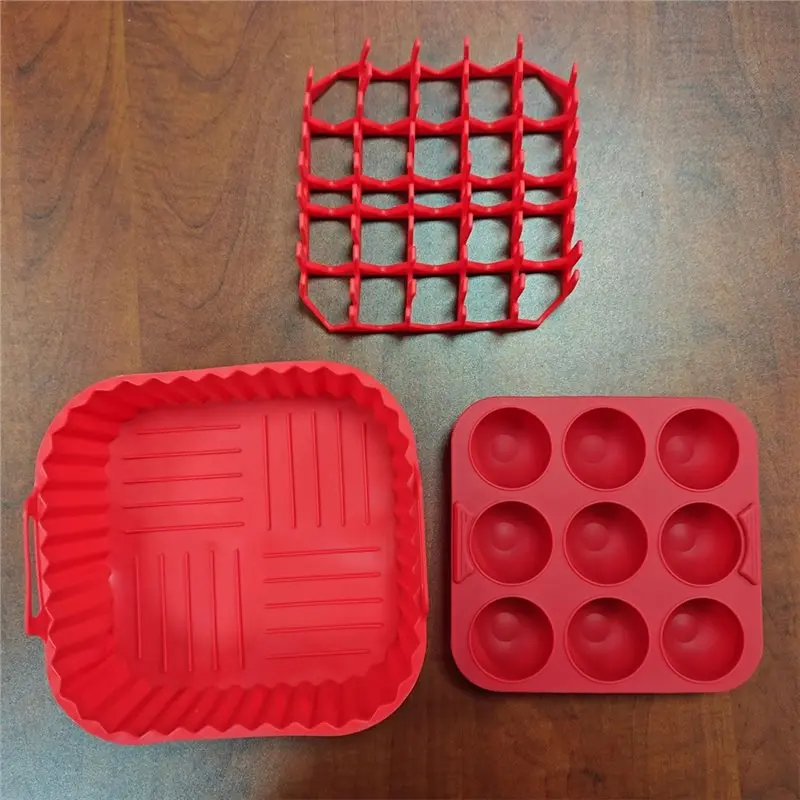 ABVG-Reusable 3Pcs Square Silicone Air Fryer Set 9-Hole Cake Mold With Non-Slip Handle Fits For 6-8QT Air Fryers& Ovens