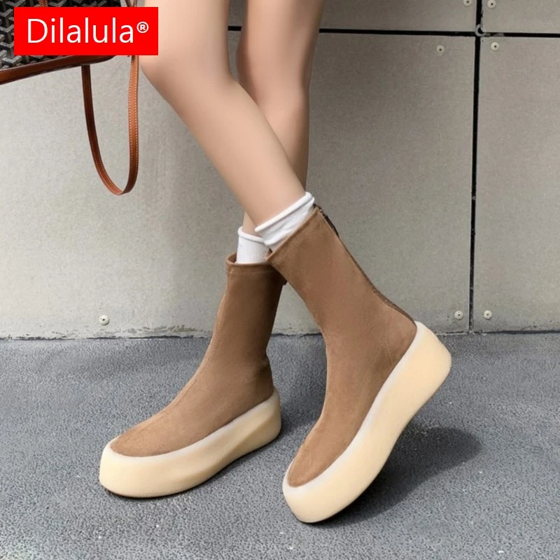 

Dilalula 2026 Fashion Stretch Velvet Ankle Boots Young Women High Wedges Heels Platform Short Boots Lady Flat Heel Shoes Black