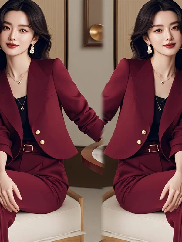 

Women's Autumn Fashion Set European Style Small Fragrance Wind Suit Jacket Pants High Waist Wide Leg Pants Button up Closure