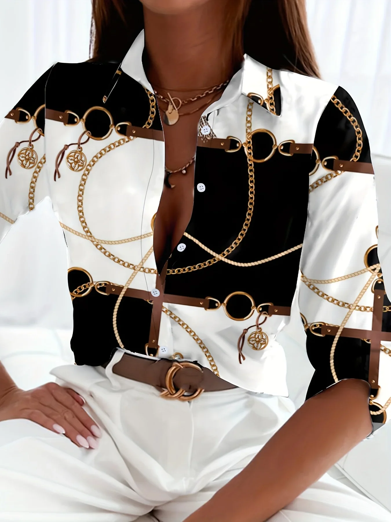 

Elegant Ladies Fashion Blouse 2026 Spring & Autumn Digital Chain Printing Shirt Commuter Slim Office Women's Blouse