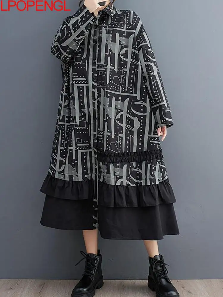 

Женское однобортное платье, повседневное свободное однобортное платье до середины икры с ассиметричным принтом в Корейском стиле, осень