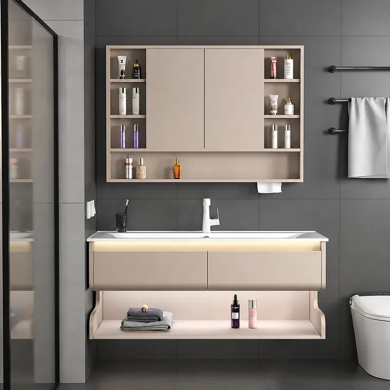 Cream Style Simple Oak Solid Wood Smart Bathroom Cabinet with Ceramic Integrated Wash Basin Modern Vanity Unit for Home Bath