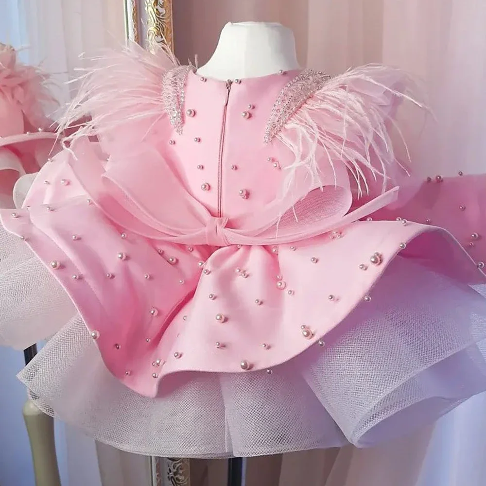 

Pink Beaded Ball Gown Girls Pageant Dresses Spaghetti Straps Princess Flower Girl Dress Sequined Satin Appliqued First Communion