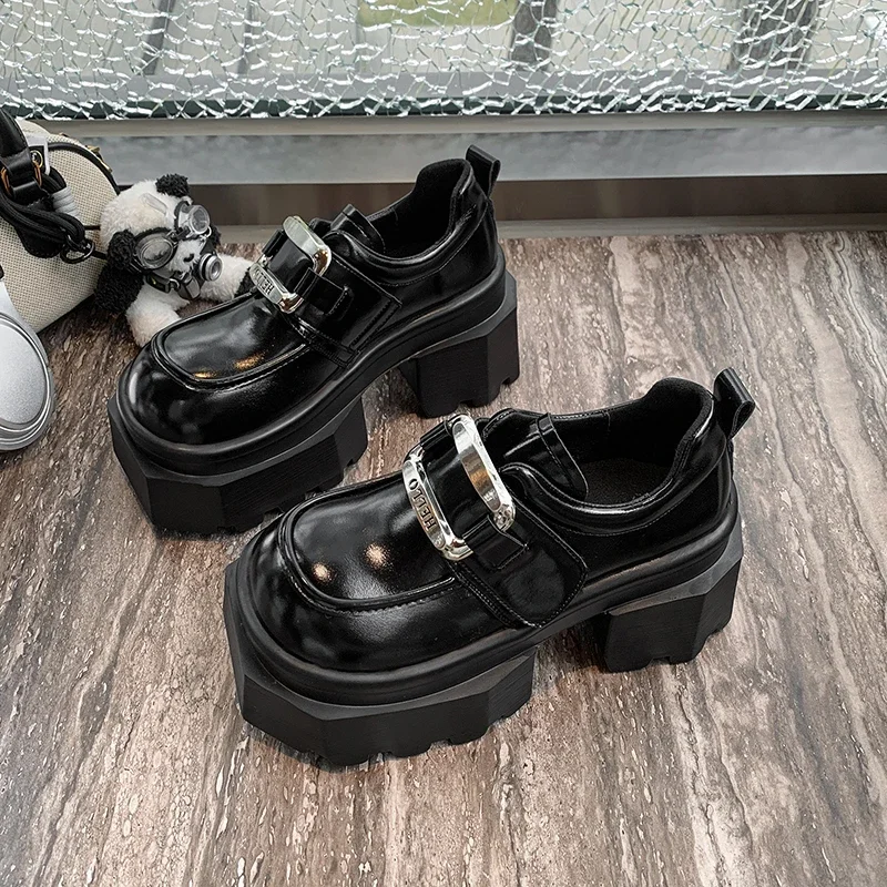 9 سنتيمتر منصة المتسكعون للمرأة مصمم الأزياء سميكة وحيد حذاء كاجوال للنساء حزام مريح مشبك جلد ماري جين عالية الكعب