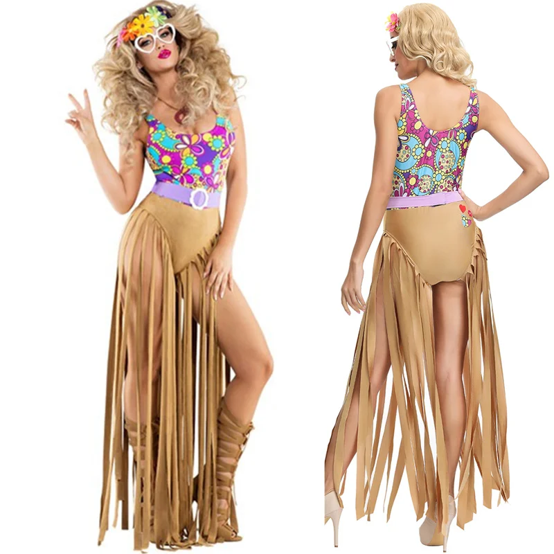 

Women tassels hippie costumes adult 60s 70s retro feelin groovy disco bar singer dress carnival halloween party cosplay clothing