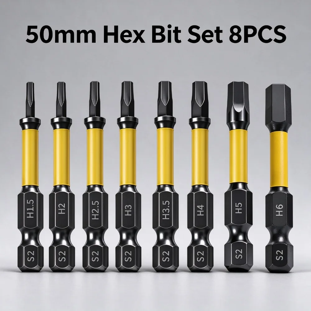 8pcs S2 Steel High-Strength Yellow-Coated 50mm Hex Bit Set H1.5-6 1/4 Hex Shank Electric Screwdriver Impact Insert Bits