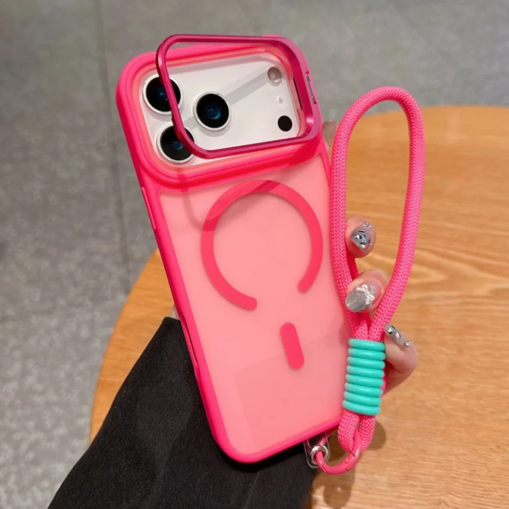เคสใส่เลนส์แบบด้านพร้อมสายคล้องข้อมือ สำหรับ iPhone 17 Air 16 15 14 Plus 13 12 11 Pro Max Mini รองรับ Magsafe สายคล้องแม่เหล็กแบบแข็ง