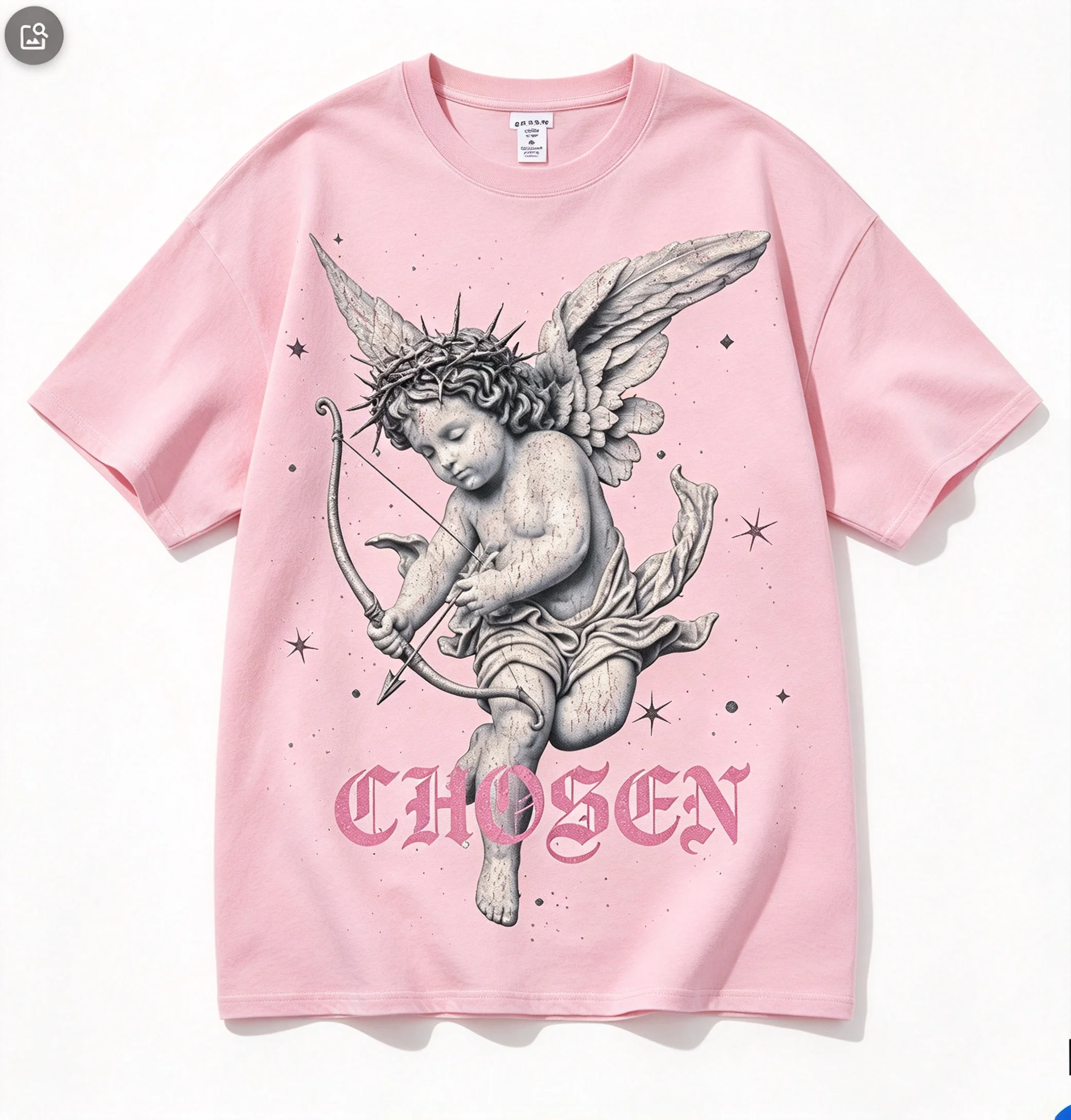 2026 Gothic handwritten lettering printed T-shirt retro distressed Cupid illustration with star background casual top