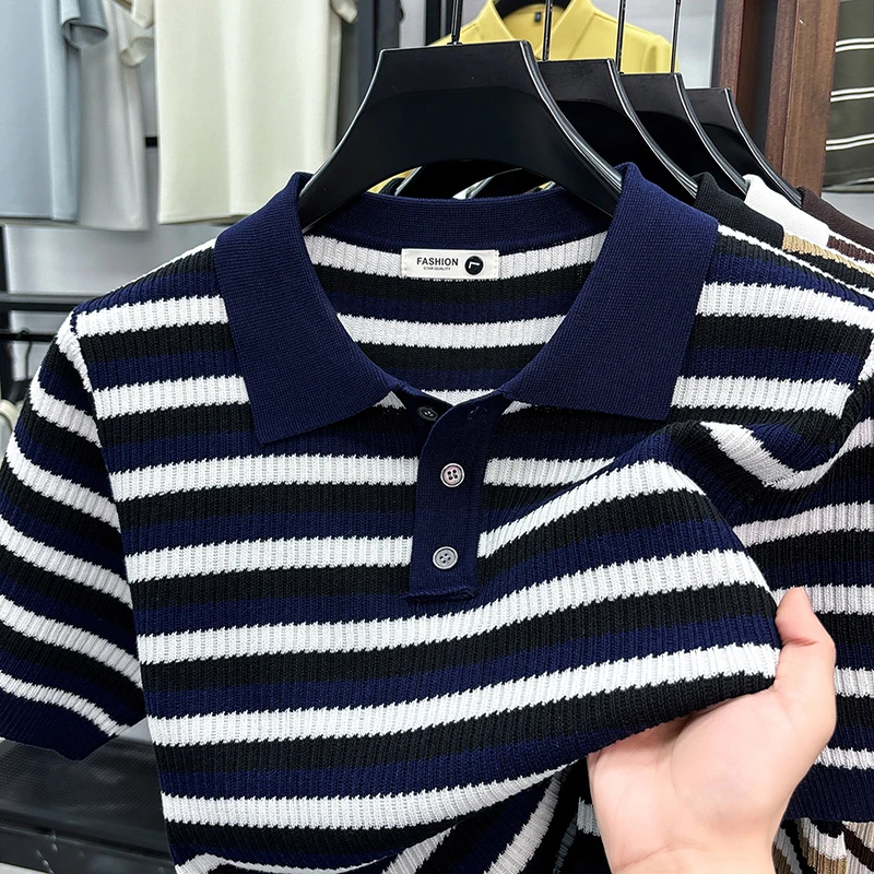 Light Luxury Knitted Polo Shirt Men's Short Sleeved 2026 Summer New Item Versatile Fashion Lapel Ice Silk T-shirt