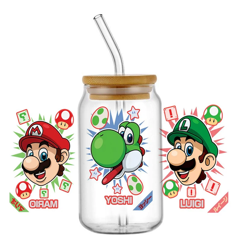 Miniso  Cartoon Sticker Super Mario Series Washable 16oz UV DTF Cup Wrap Transfer Stickers Custom DIY Mug Decal Sticker