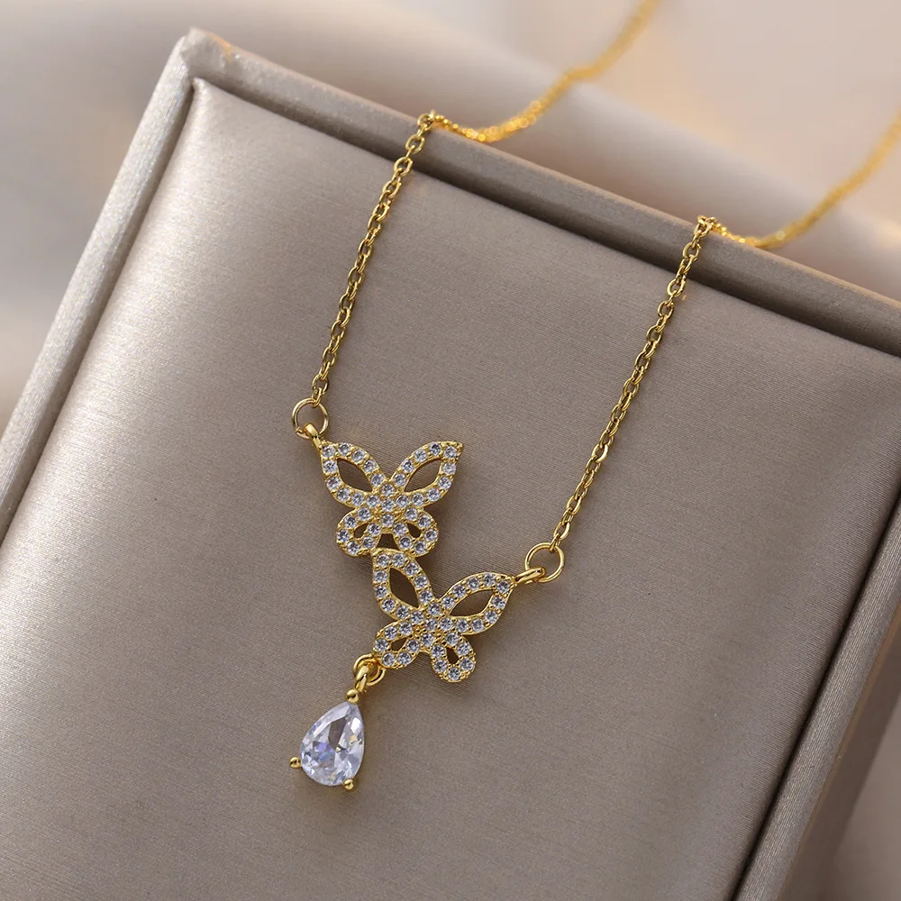 Fashion Zircon Double Butterfly Water Drop Choker Necklace for Women Stainless Steel Chain Elegant Butterfly Jewelry Gifts