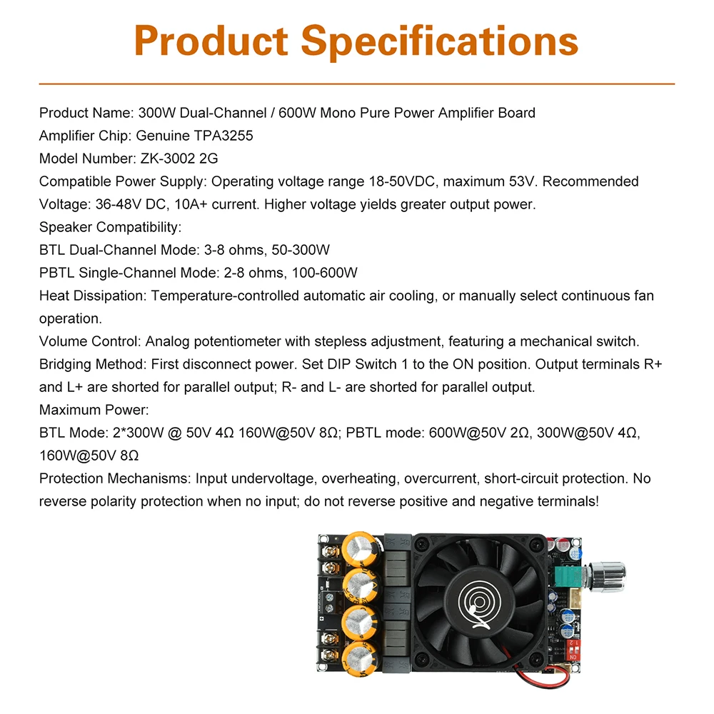 DC 18-50V ZK-3002 2G Zweite Generation Verbesserte Reine Endstufen-Verstärkerplatine 600W Zweikanal-Mono-Verstärker TPA3255-Chip – Detail 8
