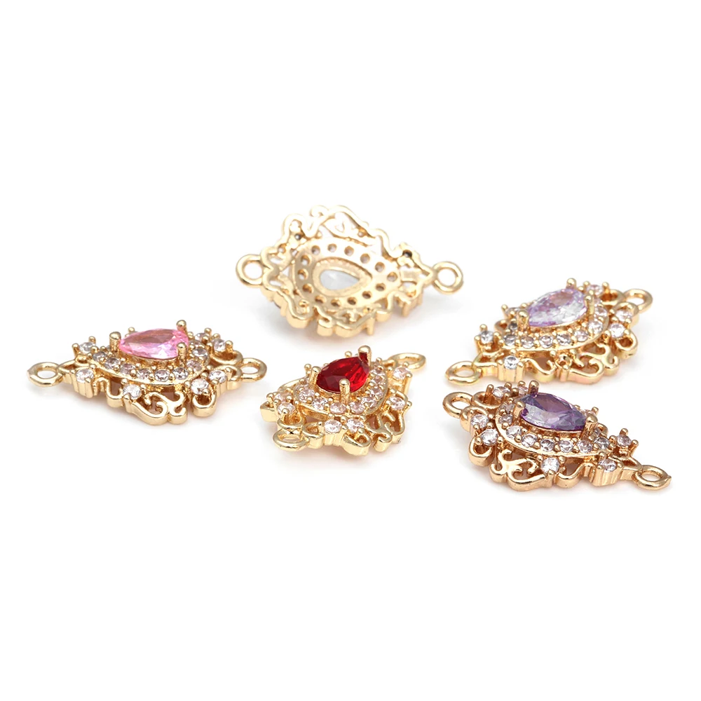 6PCS 12x20MM High Quality 18K Gold Color Brass and Zircon Glass 2 Holes Drop Shape Connect Charms Pendants Jewelry Making