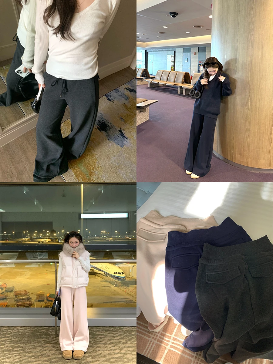 

Multicolor Fce Lined Dstring Straight Leg Pants Comfortable Fit Casual Trousers for Women l Waist Polyester Blend