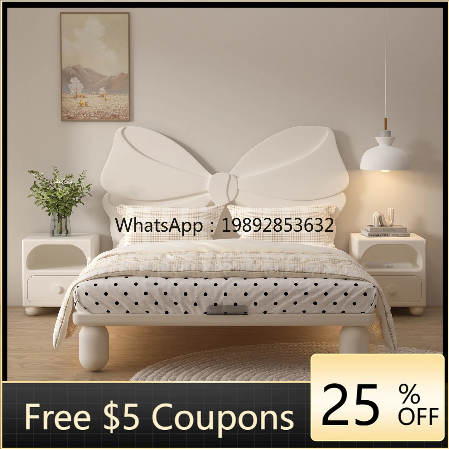 

YFY Cream Style Children's Solid Wood Girl's Bedroom Princess Single for Girls Kids with Bowknot