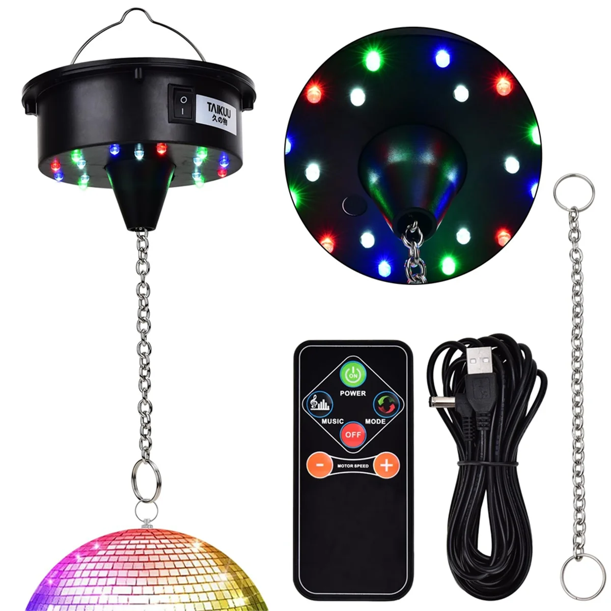 A71P Disco Ball Motor Lights with Remote,3-15RPM Adjustable Spinner 18LEDs for 8 10 12 16 20 24 Inch Duty Mirror Ball Motor