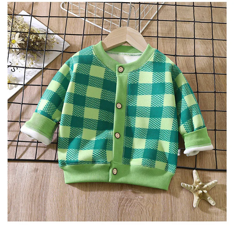 1-7T Children Long Sleeved Jacket Fur Padded Cute Girls Coat Kids Autumn Sweet Cherry Checkered Pattern Warm Cardigan Outwear