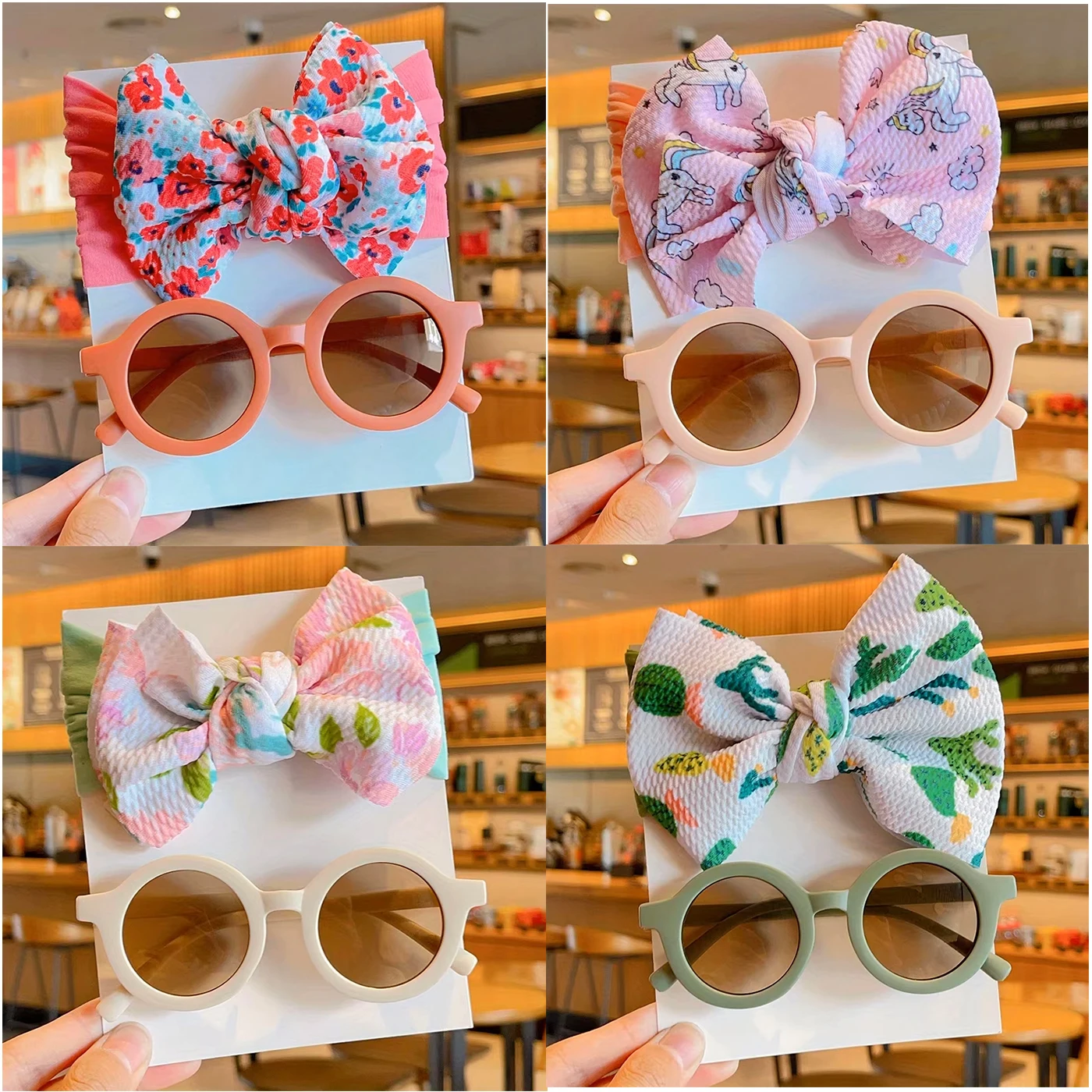 2 Pcs/Set New Children Cute Colors Soft Bowknot Wide Hairbands Fashion Round Flower UV400 Sunglasses Set Kids Hair Accessories
