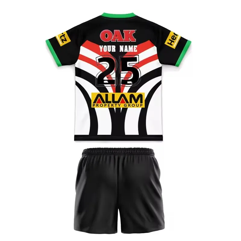 2025 Penrith Panthers 워밍업 티 키즈 키트 럭비 저지 사이즈: 16-26 (맞춤 이름 번호 인쇄)