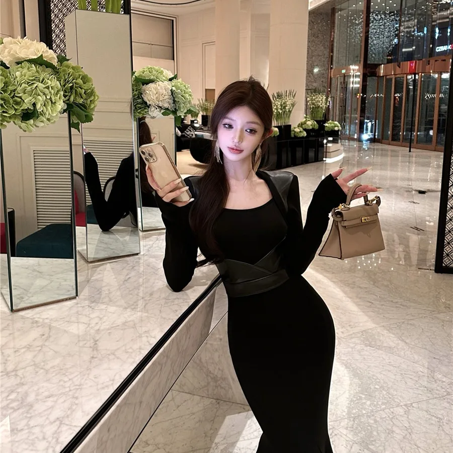 Sexy High Waist Slimming Fish Tail Dress Long Sleeve Commute Style Korean Version H Type Silhouette V Neckline  Color