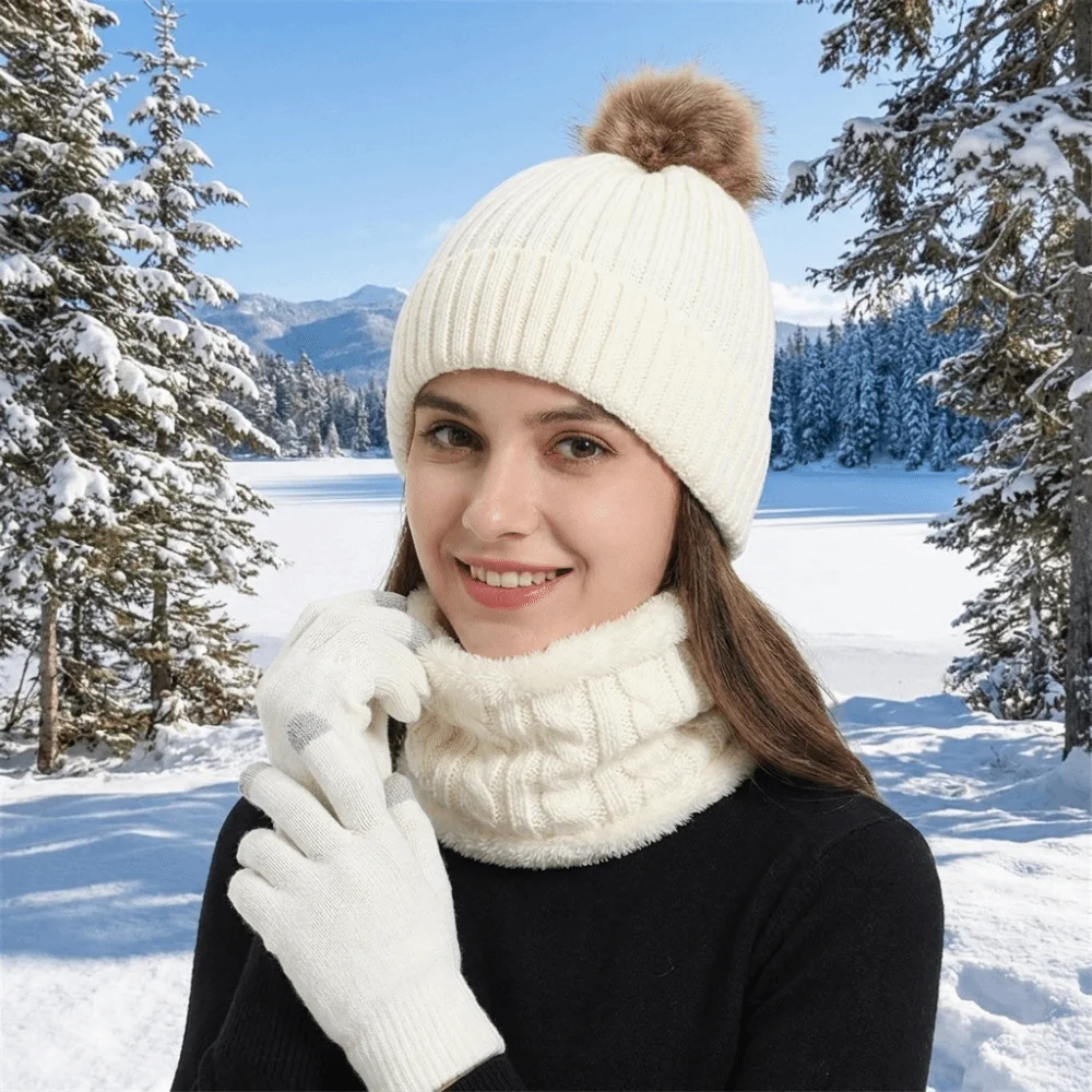 Thickened Hat Scarf Gloves Set Beanie Hat Solid Color Pompom Beanies Hat Cold-Proof Neck Protection Winter Knitted Gloves Set