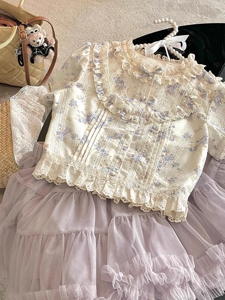 

French Small Fragrant Wind Sweet and Cute Floral Short Top Women's Summer Pastoral Top Bow Lace Top Womens Tops