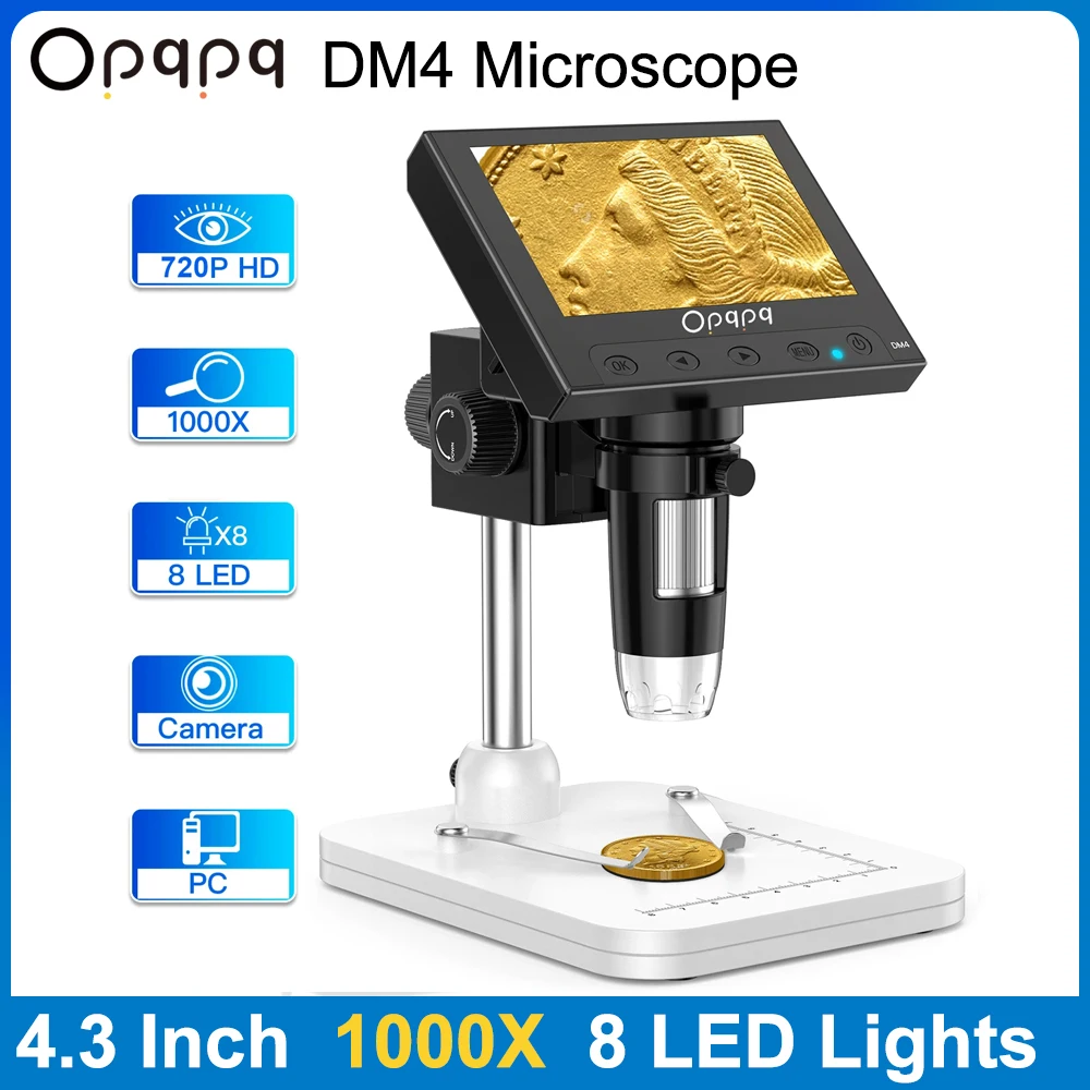 

Opqpq DM4 500X 1000X Digital Microscope 4.3 Inch 720P Soldering Electronics Microscope Biological Science for PCB Repair