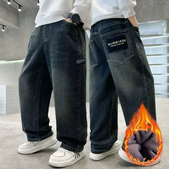 Spring Autumn Winter 4-14 Years Boys Plush Warm Jeans Fashion Letter Loose Straight Denim Pants Kids Casual Streetwear Trousers
