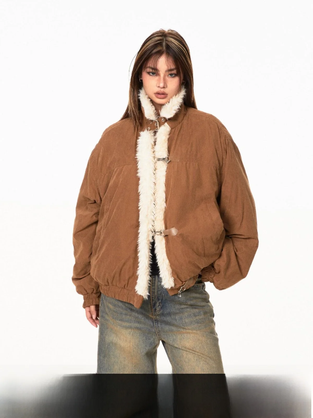 

Lamb Fur Splice Suede Collar Cotton Jaet Women Winter Casual Loose Versatile Stand Collar Fce Lined Cotton Coat