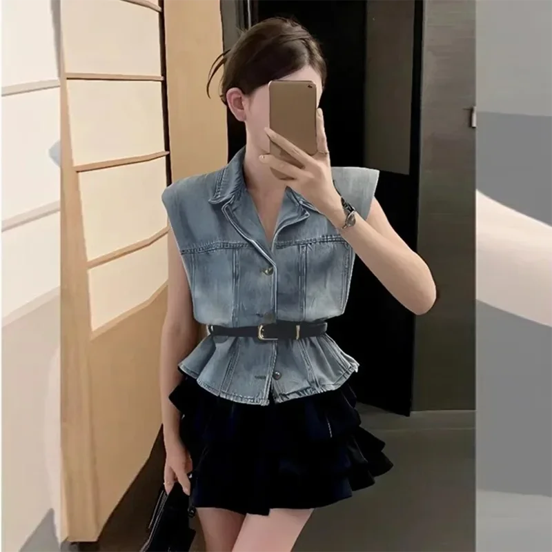 

Elegant Sleeveless Denim Jacket Vest with Belt Slimming Women's Jeans Top Thin Summer Simple Artistic Style Vintage Streetwear
