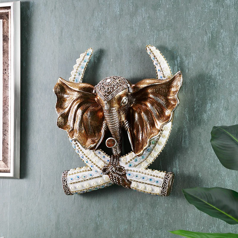 

Luxury Elephant Statue Home Decor Creative Animal Sculpture Resin Wall Hanging Ornaments living Room Porch Mural Wall Pendant