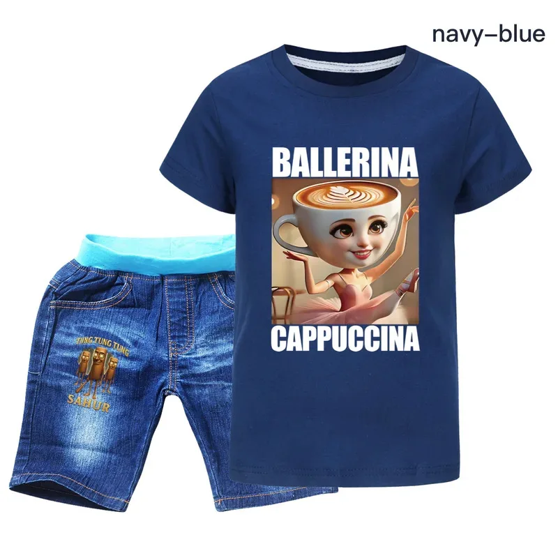 راقصة الباليه كابتشينا ملابس طفل الفتيات الكرتون وتتسابق الأطفال ملابس الصيف الاطفال تونغ الصحور تي شيرت + الدنيم مجموعة تي شيرتات قصيرة للأطفال #3