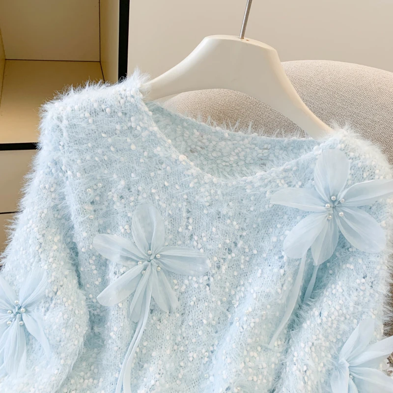 Rosa tridimensional prego grânulo flor camisola feminina outono inverno novo doce macio versátil o-pescoço camisola de malha topo s208