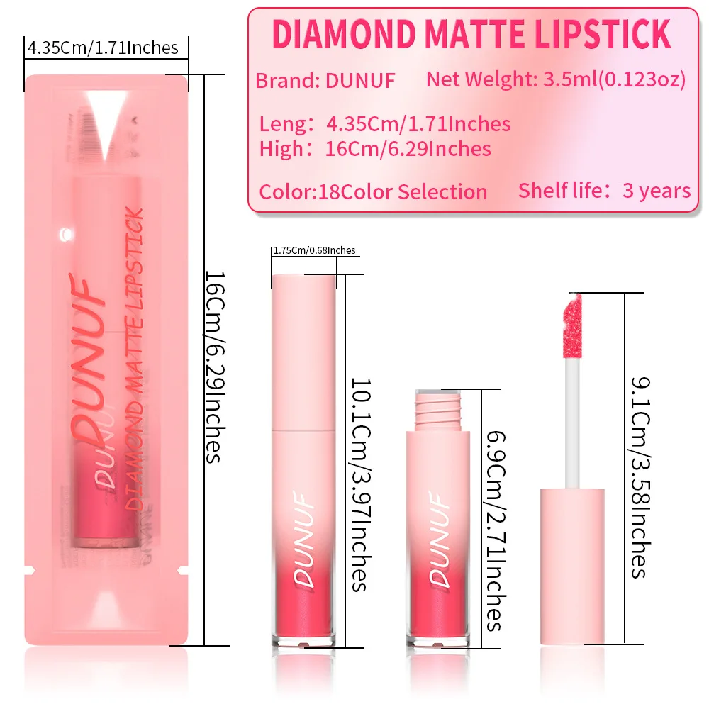 DUNUF18 Diamond Glitter Liquid Lip Balm Lasting Non-Stick Cup Waterproof Metallic Shimmer Matte Full Color Lip Gloss