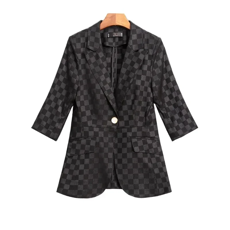 Summer Spring Fashion Women Blazer Ladies Apricot Black Blue Plaid Half Sleeve Female Business Work Wear Formal Jacket