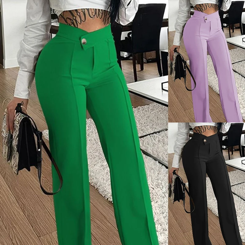 Fashion Slim Straight-leg Pants With Buckle Elegant Solid Color Trousers For Women's Clothing OL Work Trouser 2024