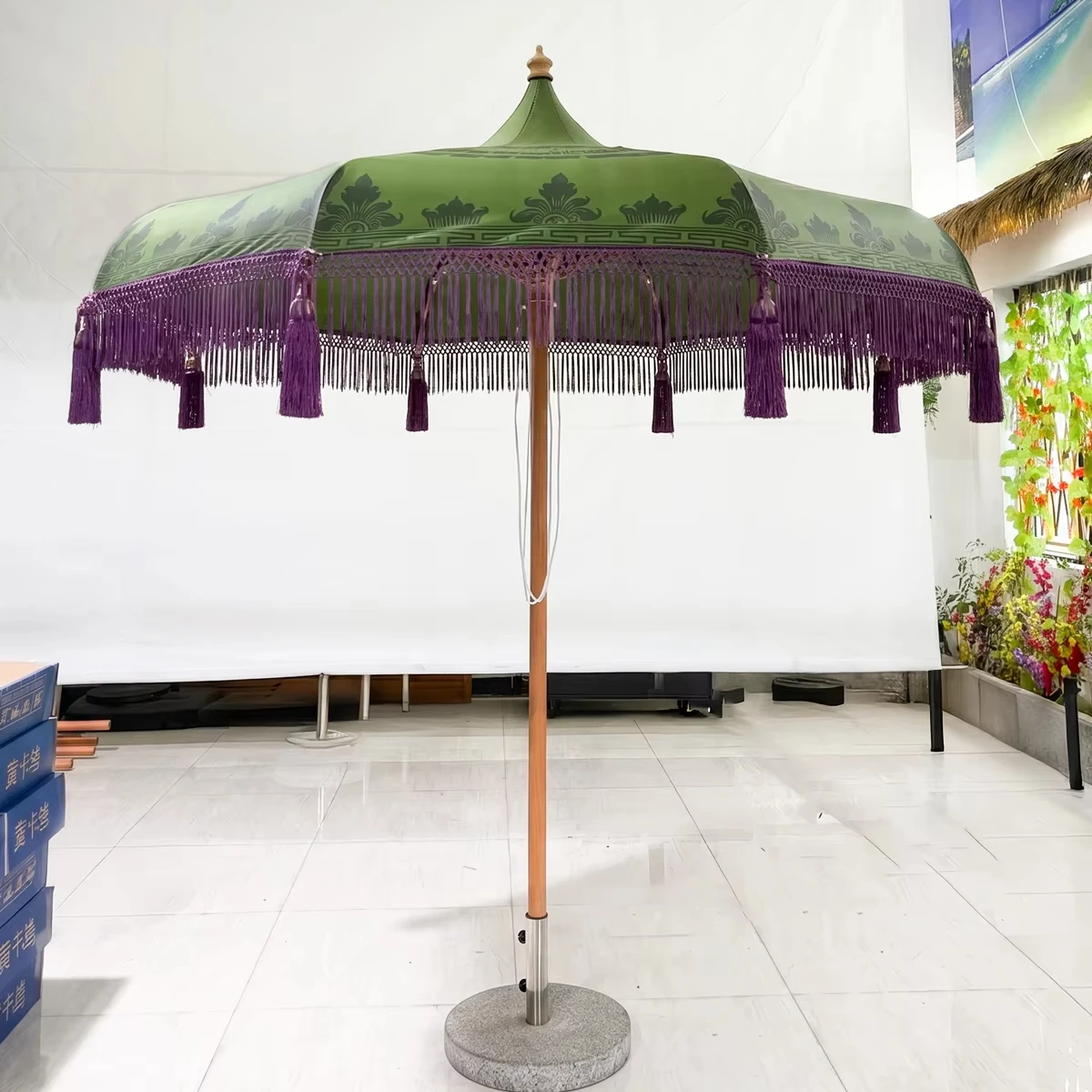 Pole European Style Pagoda Umbrella Digital Printing  Tassel Outdoor Sunshade Imitation Wood Grain Luxury