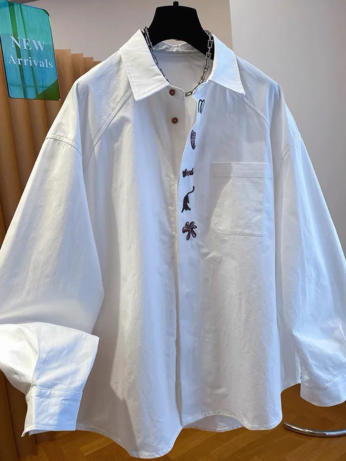 

plus Size Women's White Shirt Spring Summer Thin Loose Embroidered Lazy Style Sun Protection Top Large Size Fashion Korean Style